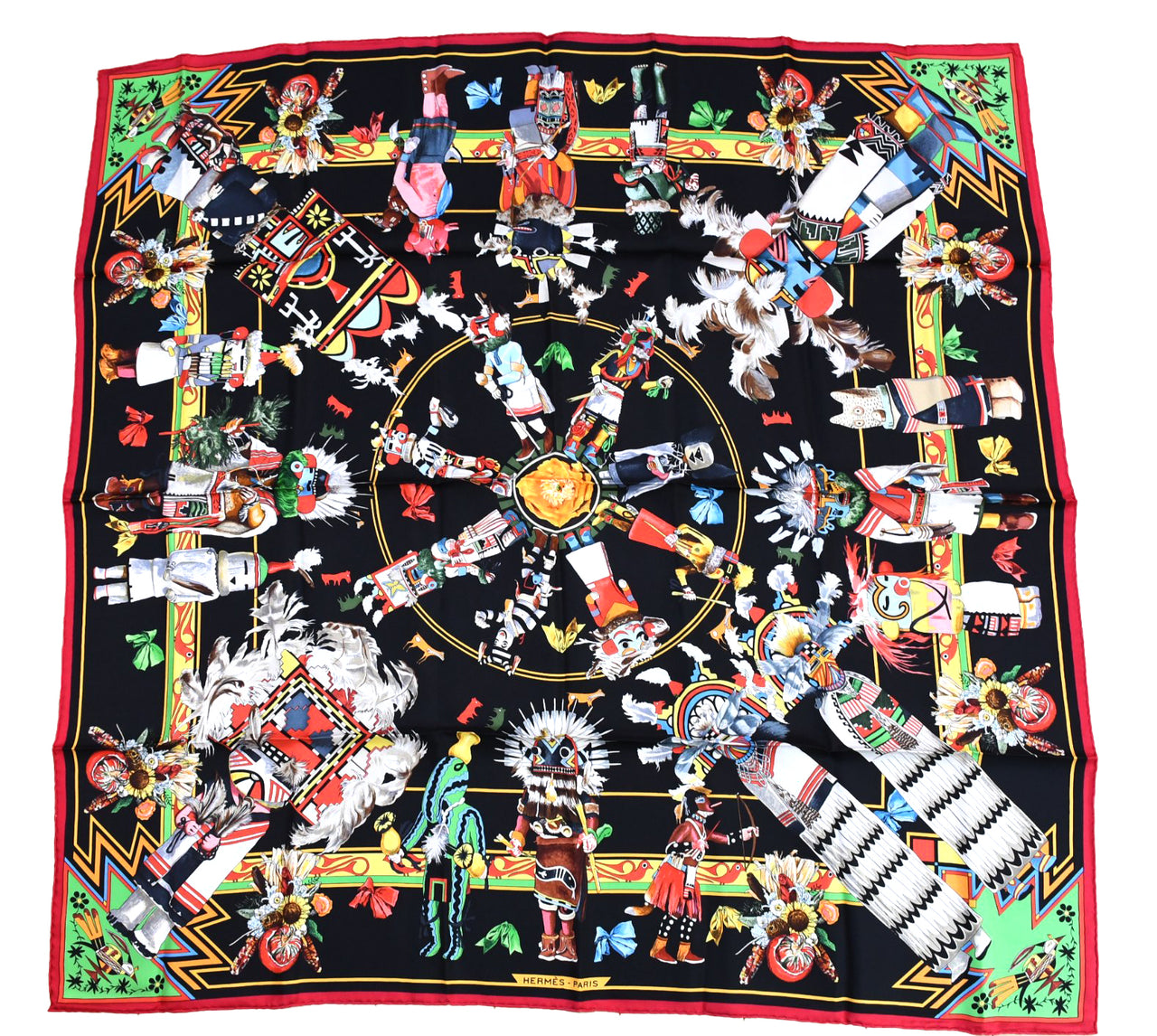 Hermes Scarf Kachina by Kermit Oliver 90 cm silk native black red Carre 35" 074