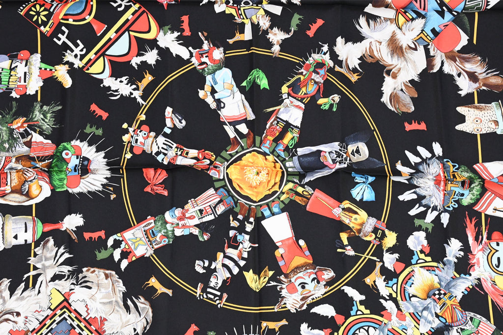 Hermes Scarf Kachina by Kermit Oliver 90 cm silk native black red Carre 35" 074