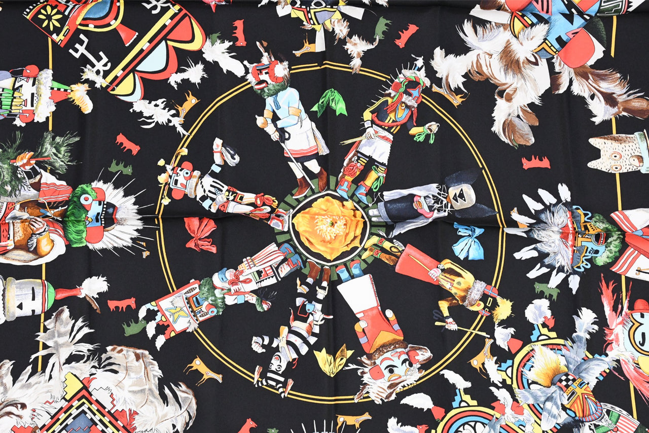 Hermes Scarf Kachina by Kermit Oliver 90 cm silk native black red Carre 35" 074