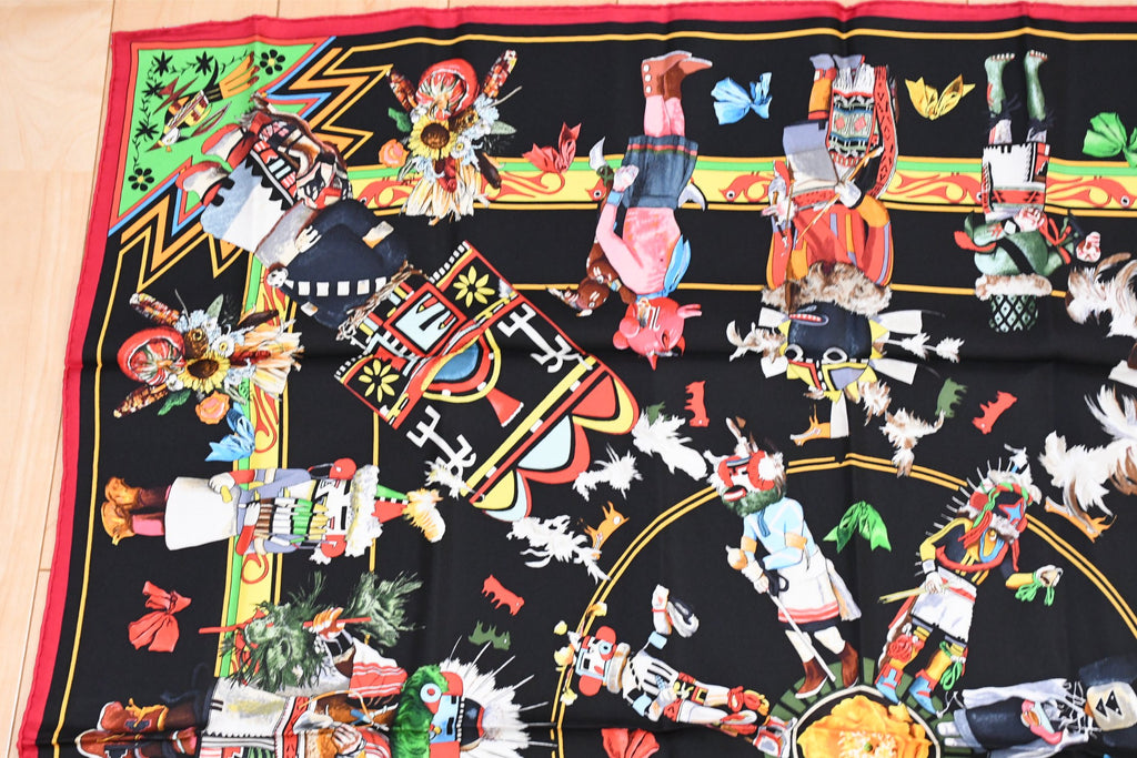 Hermes Scarf Kachina by Kermit Oliver 90 cm silk native black red Carre 35" 074