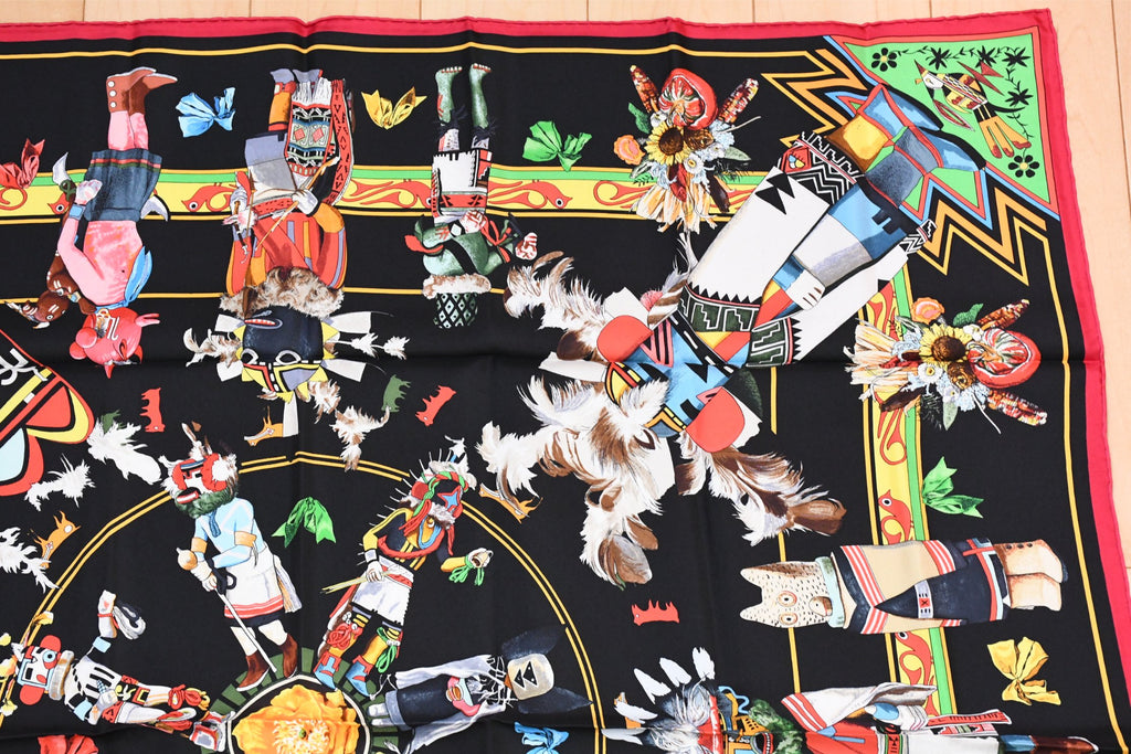 Hermes Scarf Kachina by Kermit Oliver 90 cm silk native black red Carre 35" 074