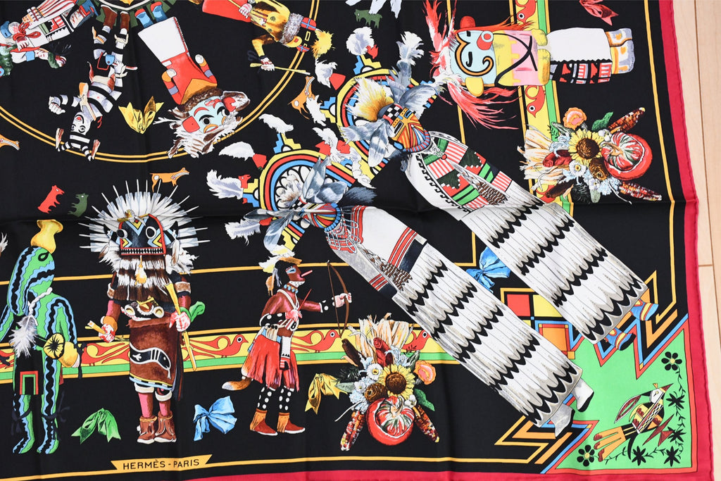 Hermes Scarf Kachina by Kermit Oliver 90 cm silk native black red Carre 35" 074