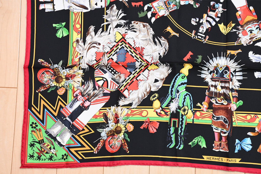 Hermes Scarf Kachina by Kermit Oliver 90 cm silk native black red Carre 35" 074
