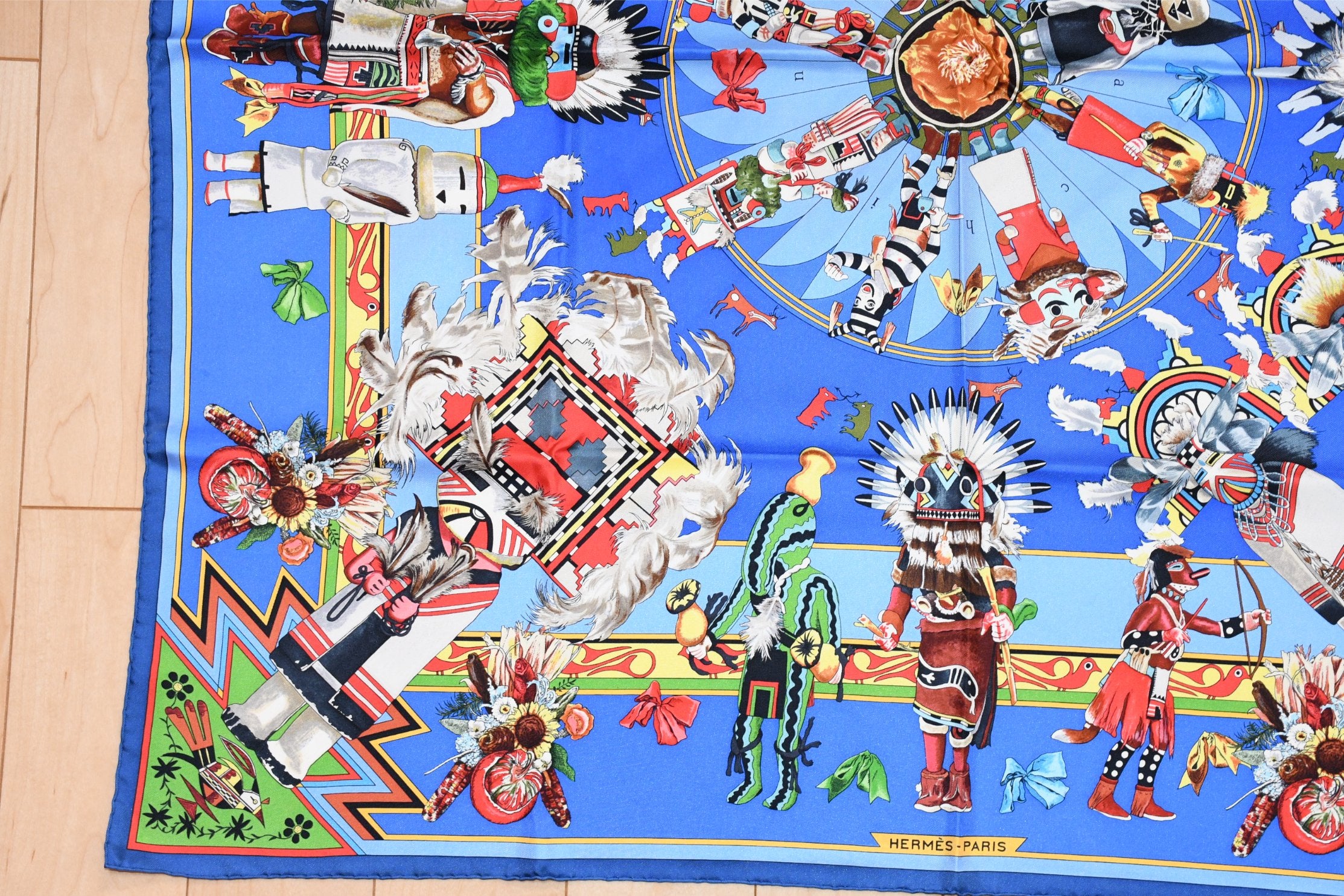 Hermes Scarf Kachina by Kermit Oliver 90 cm silk native blue Carre