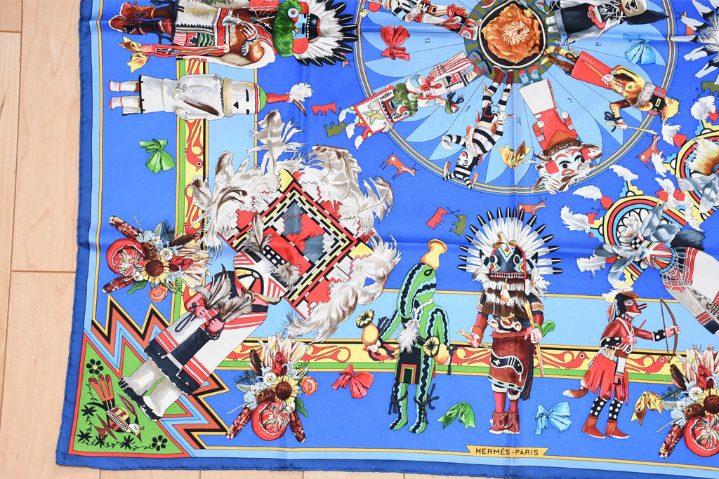 Hermes Scarf Kachina by Kermit Oliver 90 cm silk native blue Carre 35" 055