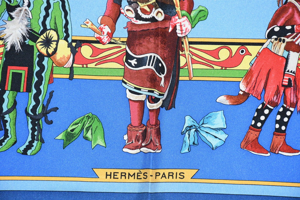 Hermes Scarf Kachina by Kermit Oliver 90 cm silk native blue Carre 35" 055