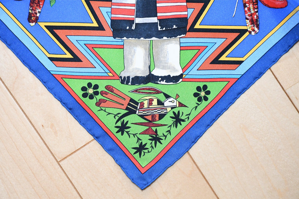Hermes Scarf Kachina by Kermit Oliver 90 cm silk native blue Carre 35" 055
