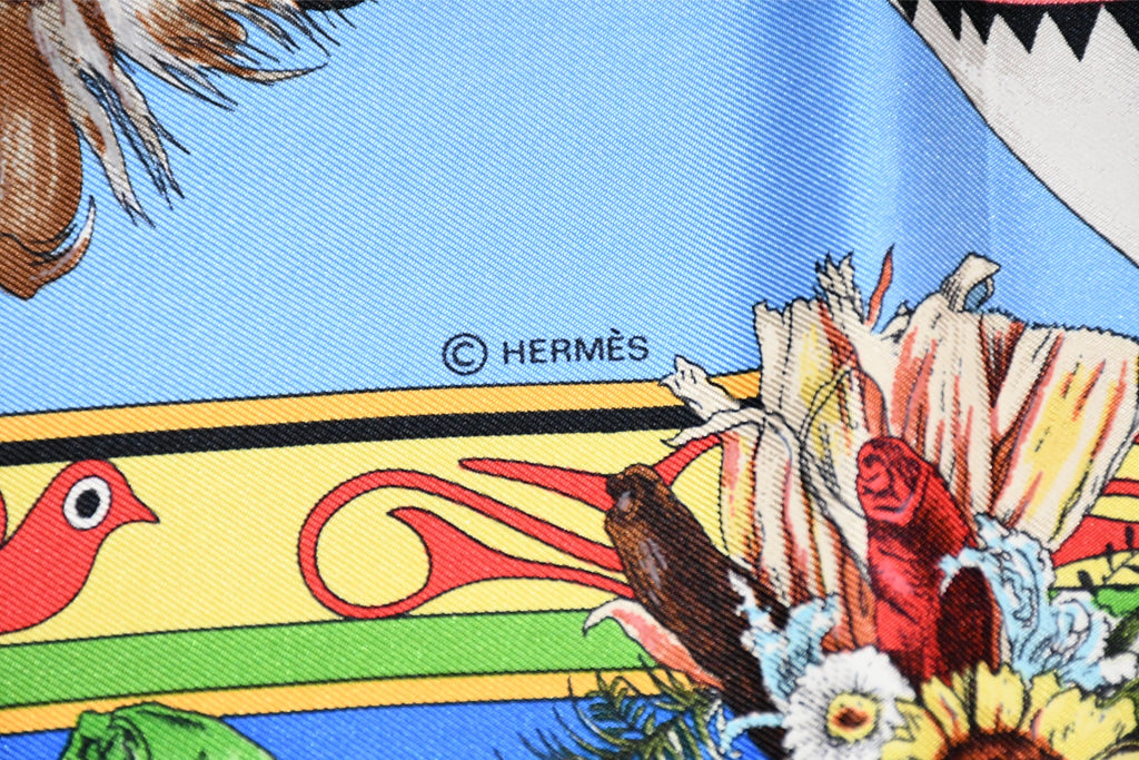 Hermes Scarf Kachina by Kermit Oliver 90 cm silk native blue Carre 35" 055