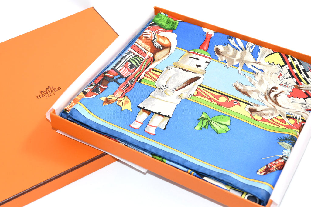 Hermes Scarf Kachina by Kermit Oliver 90 cm silk native blue Carre 35" 055