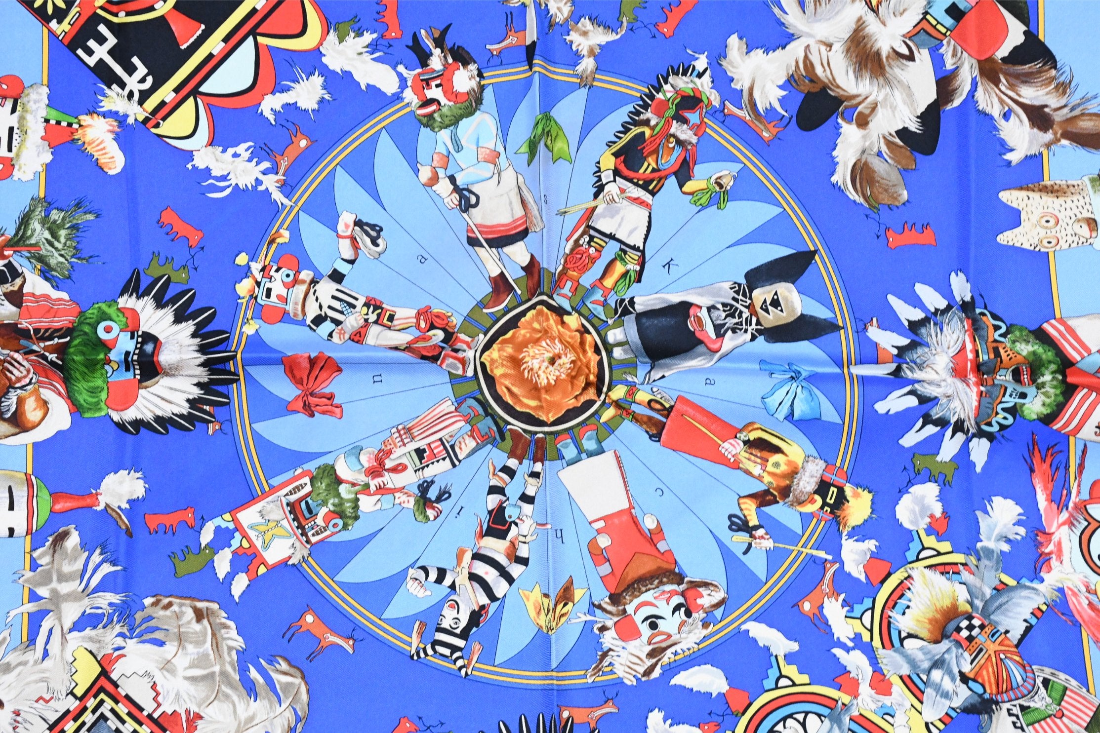 Hermes Scarf Kachina by Kermit Oliver 90 cm silk native blue Carre