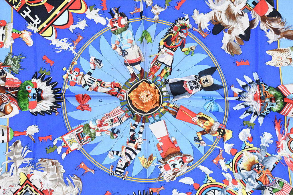 Hermes Scarf Kachina by Kermit Oliver 90 cm silk native blue Carre 35" 055