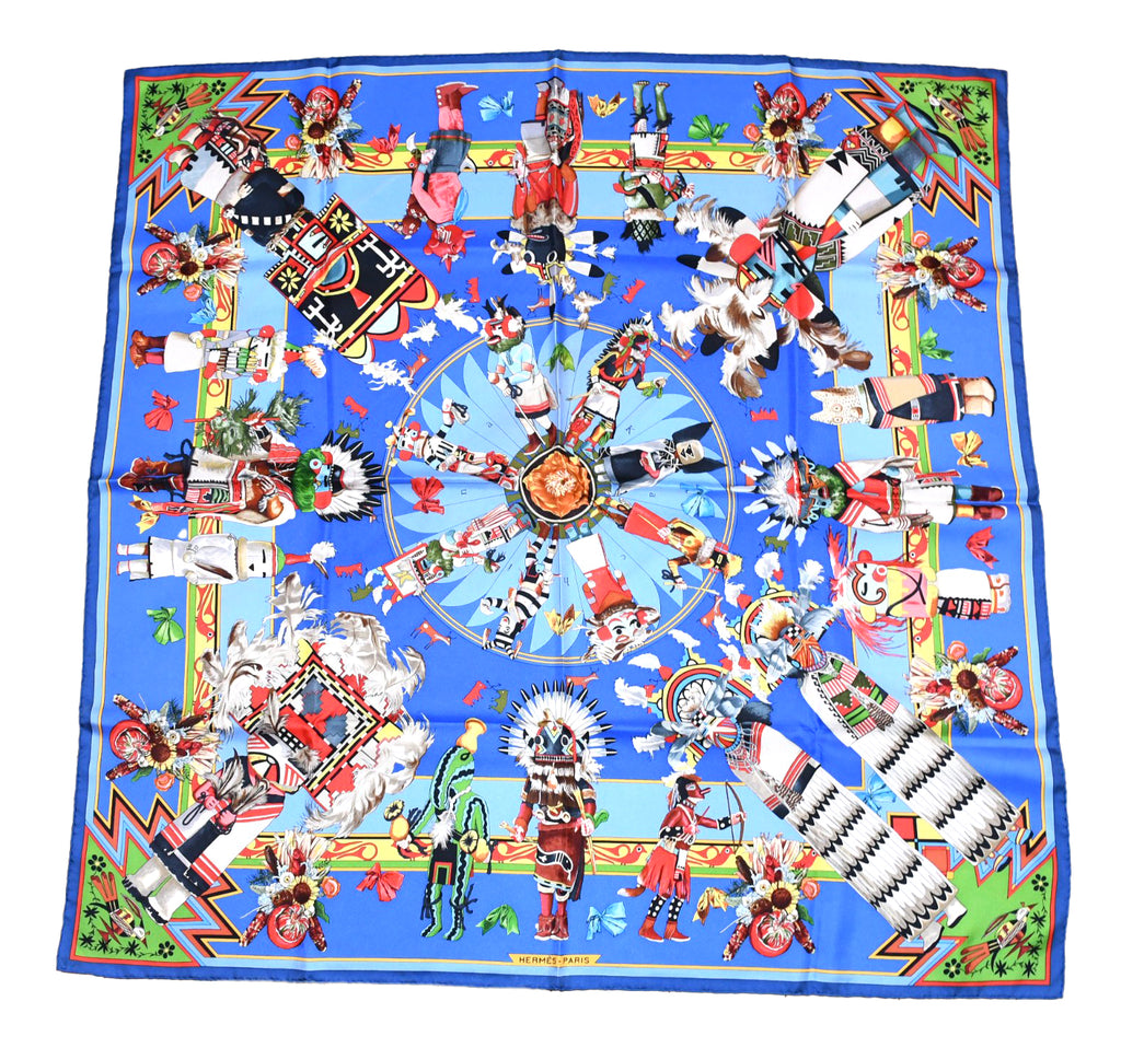 Hermes Scarf Kachina by Kermit Oliver 90 cm silk native blue Carre 35" 055