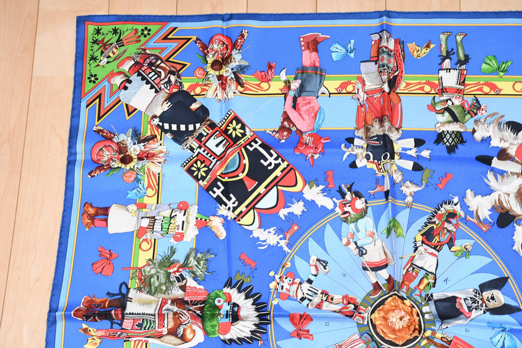 Hermes Scarf Kachina by Kermit Oliver 90 cm silk native blue Carre 35" 055