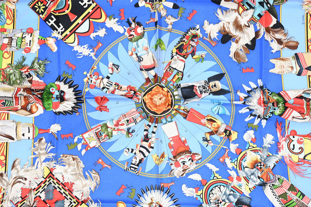 Hermes Scarf Kachina by Kermit Oliver 90 cm silk native blue Carre 35" 055