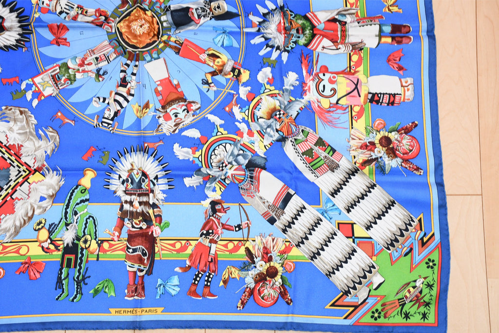 Hermes Scarf Kachina by Kermit Oliver 90 cm silk native blue Carre 35" 055