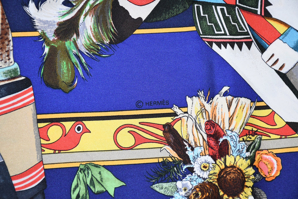 Hermes Scarf Kachina by Kermit Oliver 90 cm silk native blue Carre 35" ME38800_0419