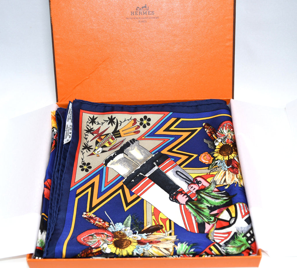 Hermes Scarf Kachina by Kermit Oliver 90 cm silk native blue Carre 35" ME38800_0419