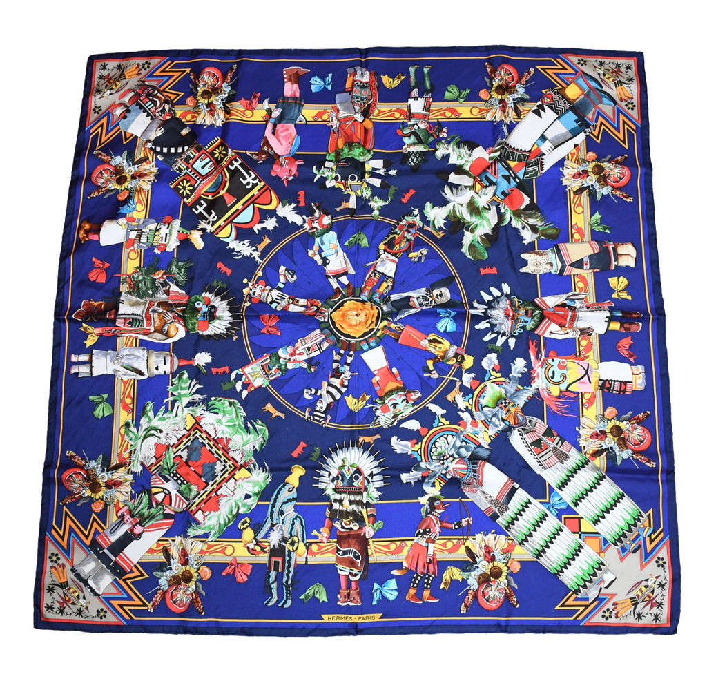 Hermes Scarf Kachina by Kermit Oliver 90 cm silk native blue Carre 35" ME38800_0419