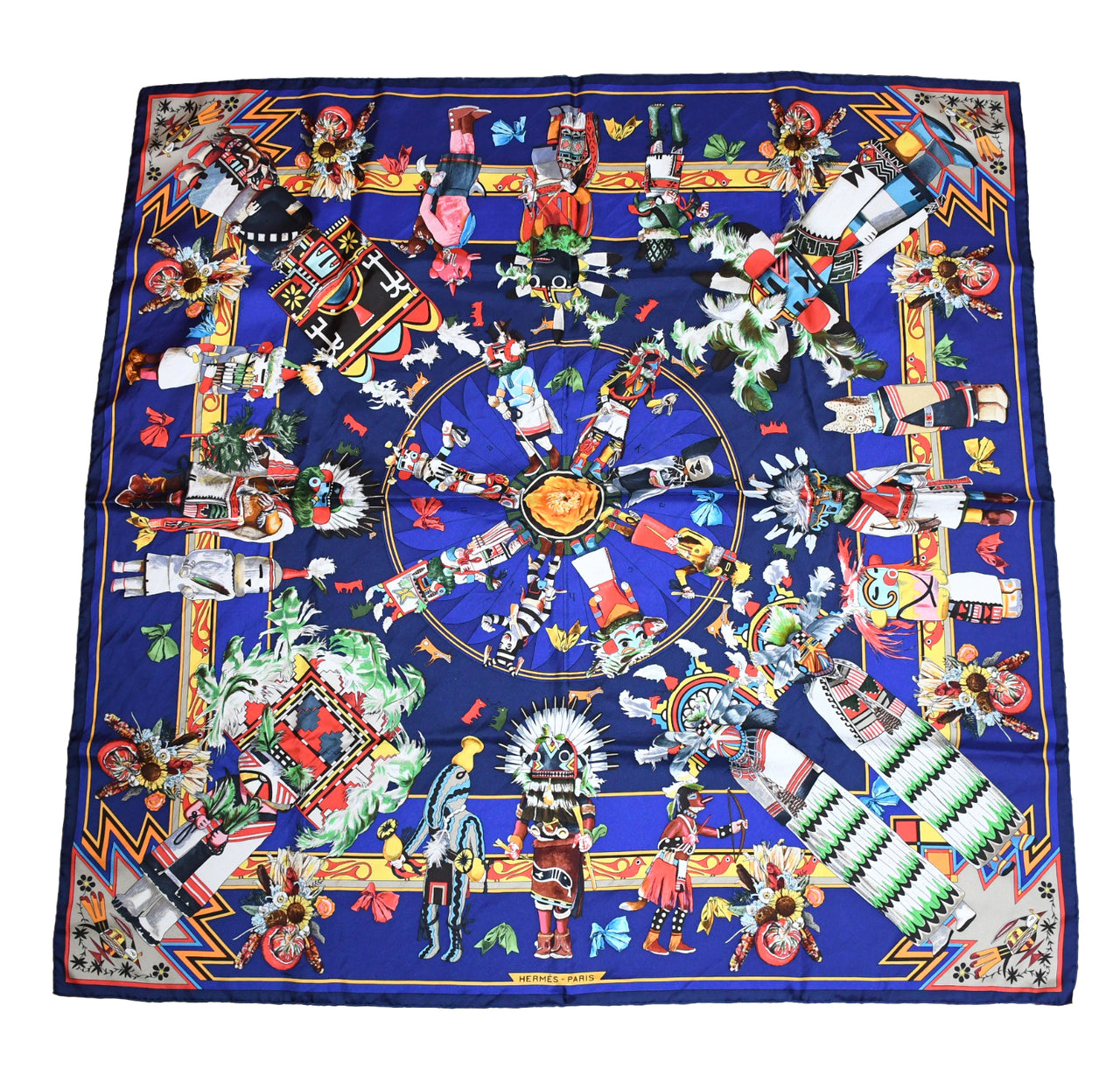 Hermes Scarf Kachina by Kermit Oliver 90 cm silk native blue Carre 35" ME38800_0419