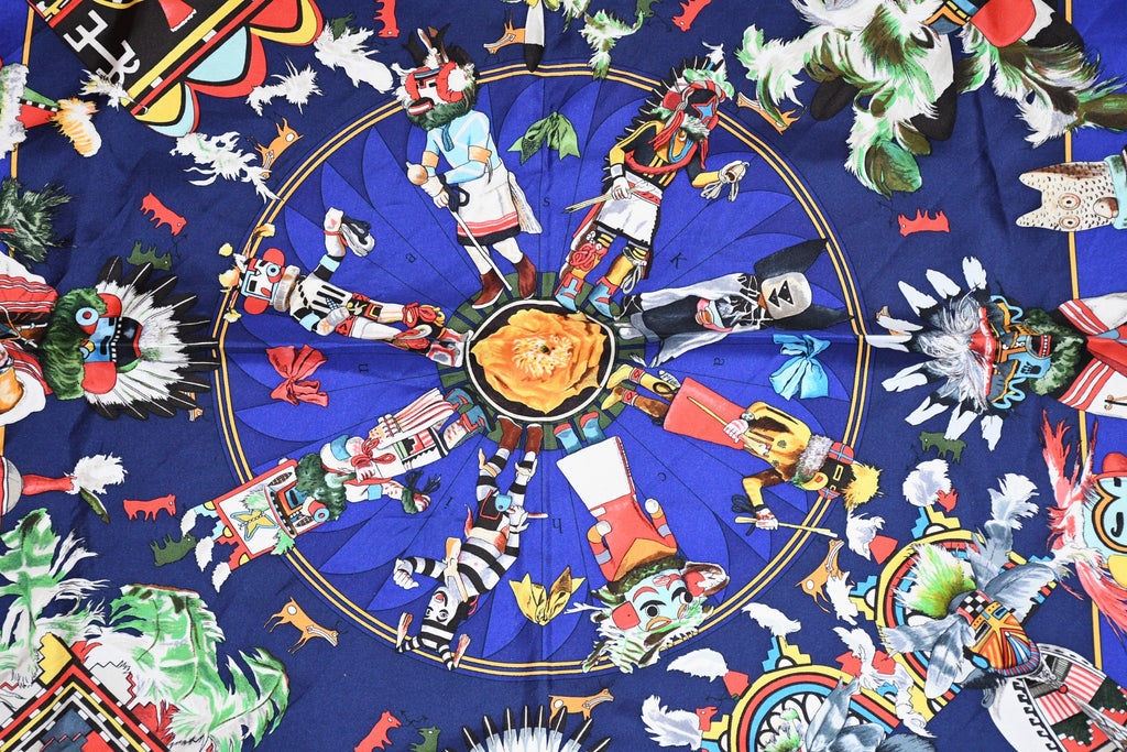 Hermes Scarf Kachina by Kermit Oliver 90 cm silk native blue Carre 35" ME38800_0419