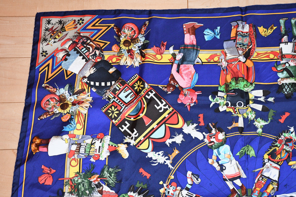 Hermes Scarf Kachina by Kermit Oliver 90 cm silk native blue Carre 35" ME38800_0419