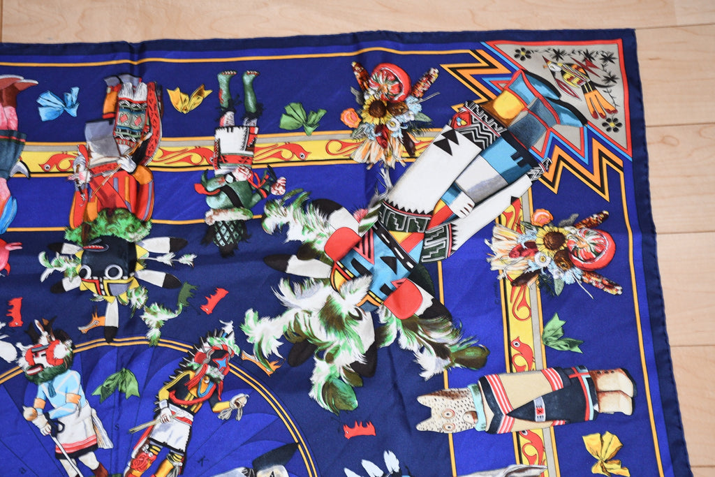 Hermes Scarf Kachina by Kermit Oliver 90 cm silk native blue Carre 35" ME38800_0419
