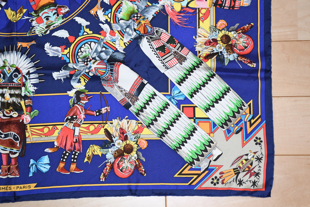 Hermes Scarf Kachina by Kermit Oliver 90 cm silk native blue Carre 35" ME38800_0419