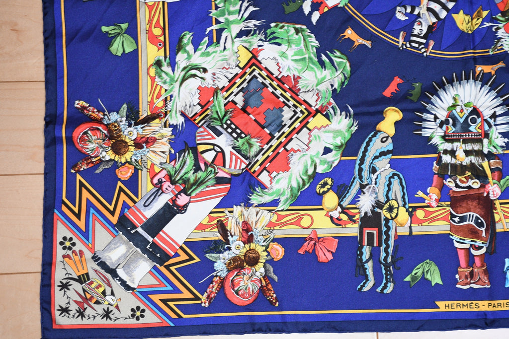 Hermes Scarf Kachina by Kermit Oliver 90 cm silk native blue Carre 35" ME38800_0419