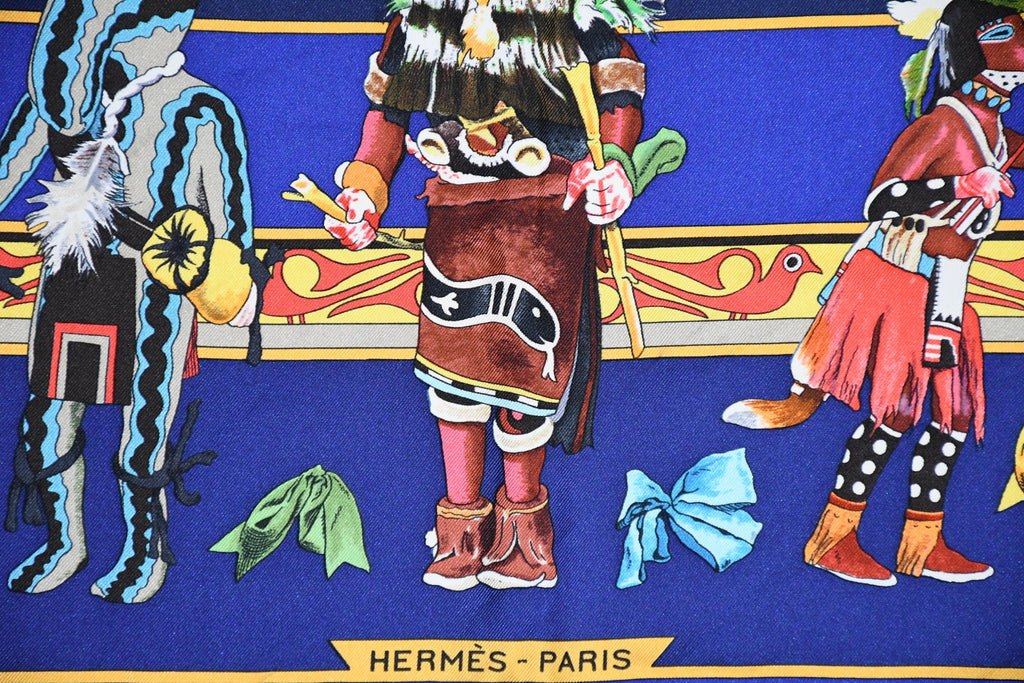 Hermes Scarf Kachina by Kermit Oliver 90 cm silk native blue Carre 35" ME38800_0419