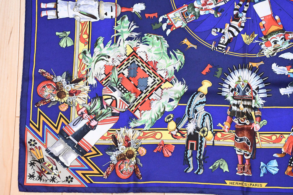 Hermes Scarf Kachina by Kermit Oliver 90 cm silk native blue Carre 35″ AUC3