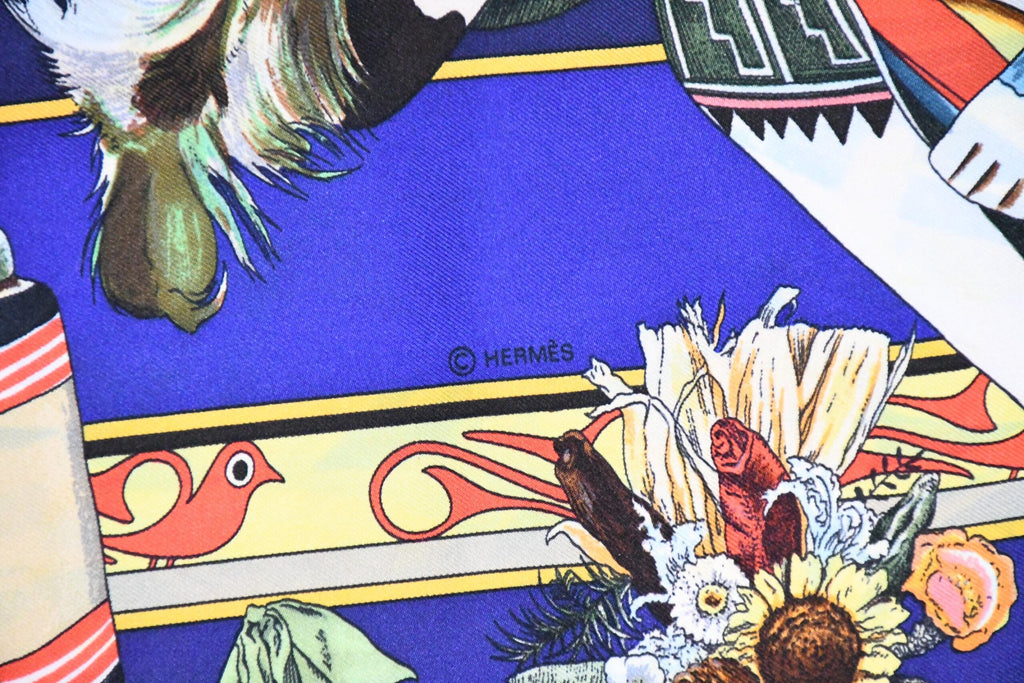 Hermes Scarf Kachina by Kermit Oliver 90 cm silk native blue Carre 35″ AUC3