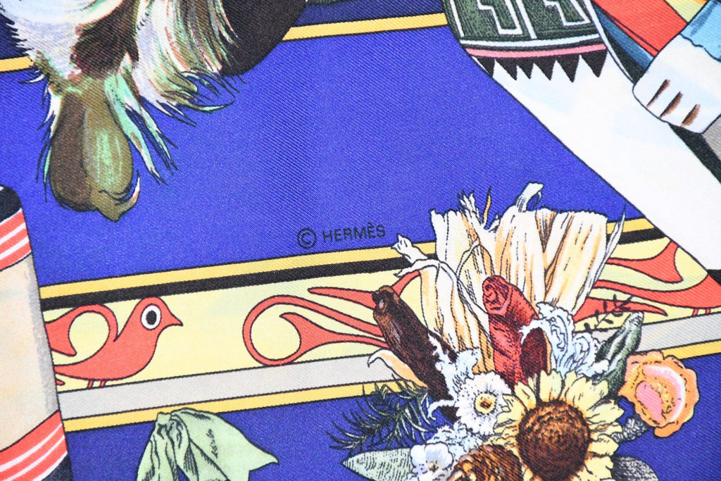Hermes Scarf Kachina by Kermit Oliver 90 cm silk native blue Carre 35″ AUC3