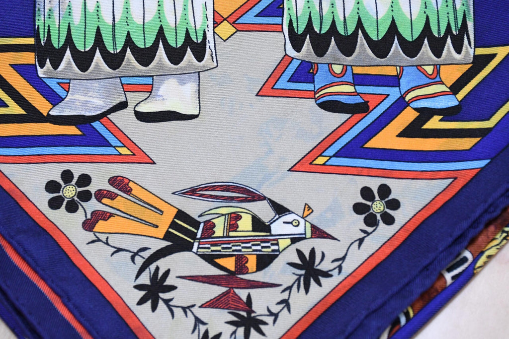 Hermes Scarf Kachina by Kermit Oliver 90 cm silk native blue Carre 35″ AUC3