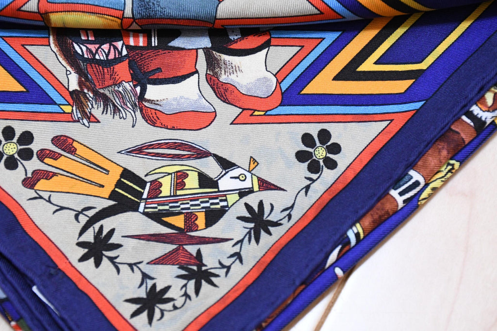 Hermes Scarf Kachina by Kermit Oliver 90 cm silk native blue Carre 35″ AUC3