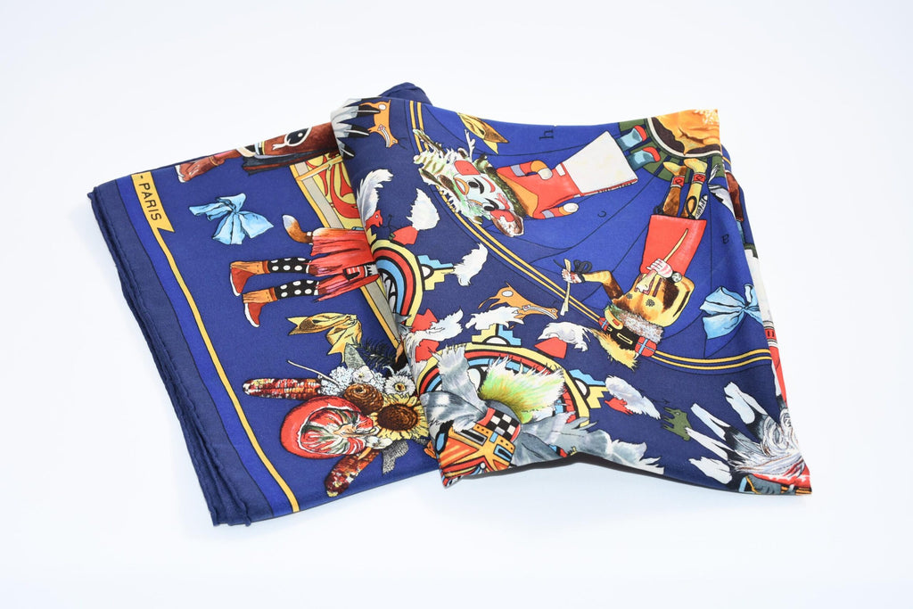 Hermes Scarf Kachina by Kermit Oliver 90 cm silk native blue Carre 35″ AUC3