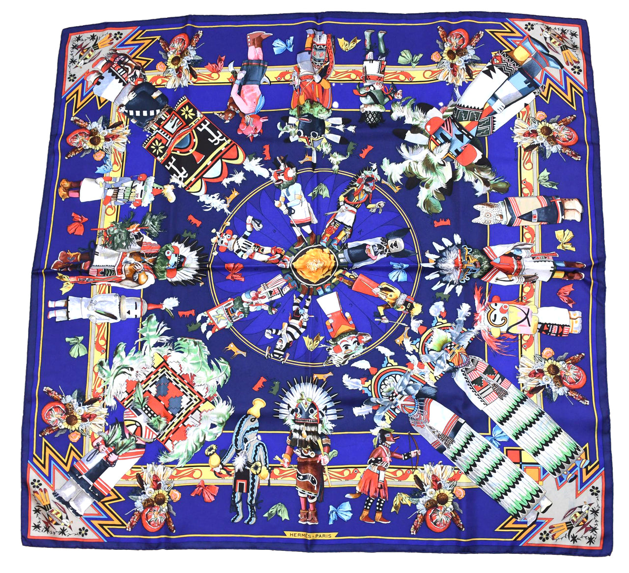 Hermes Scarf Kachina by Kermit Oliver 90 cm silk native blue Carre 35″ AUC3
