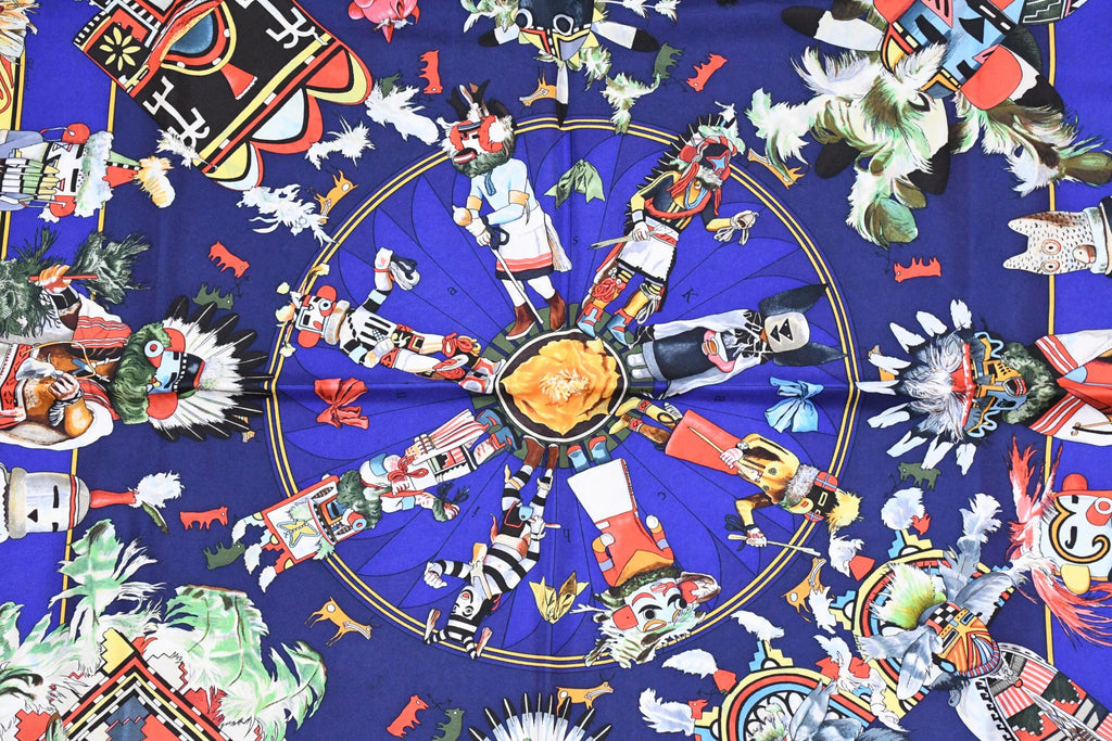 Hermes Scarf Kachina by Kermit Oliver 90 cm silk native blue Carre 35″ AUC3