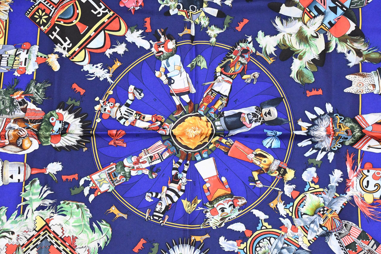Hermes Scarf Kachina by Kermit Oliver 90 cm silk native blue Carre 35″ AUC3