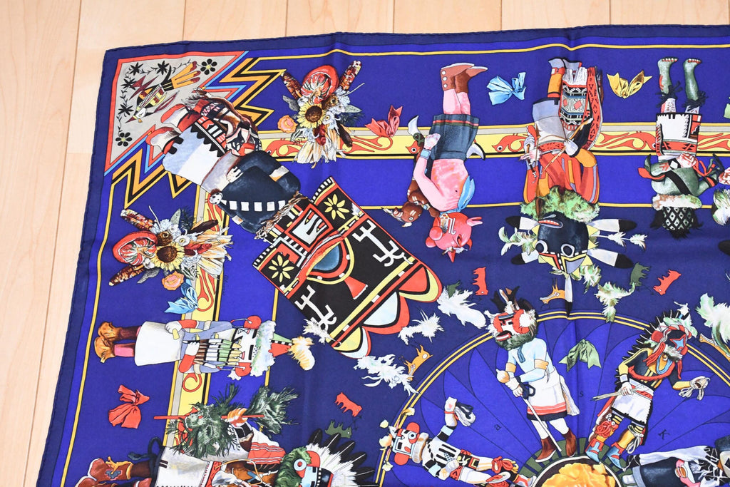 Hermes Scarf Kachina by Kermit Oliver 90 cm silk native blue Carre 35″ AUC3