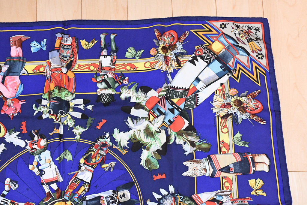 Hermes Scarf Kachina by Kermit Oliver 90 cm silk native blue Carre 35″ AUC3
