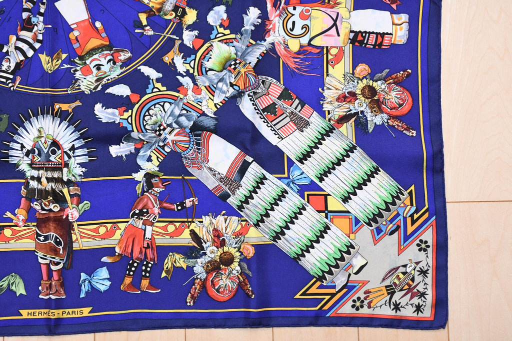 Hermes Scarf Kachina by Kermit Oliver 90 cm silk native blue Carre 35″ AUC3
