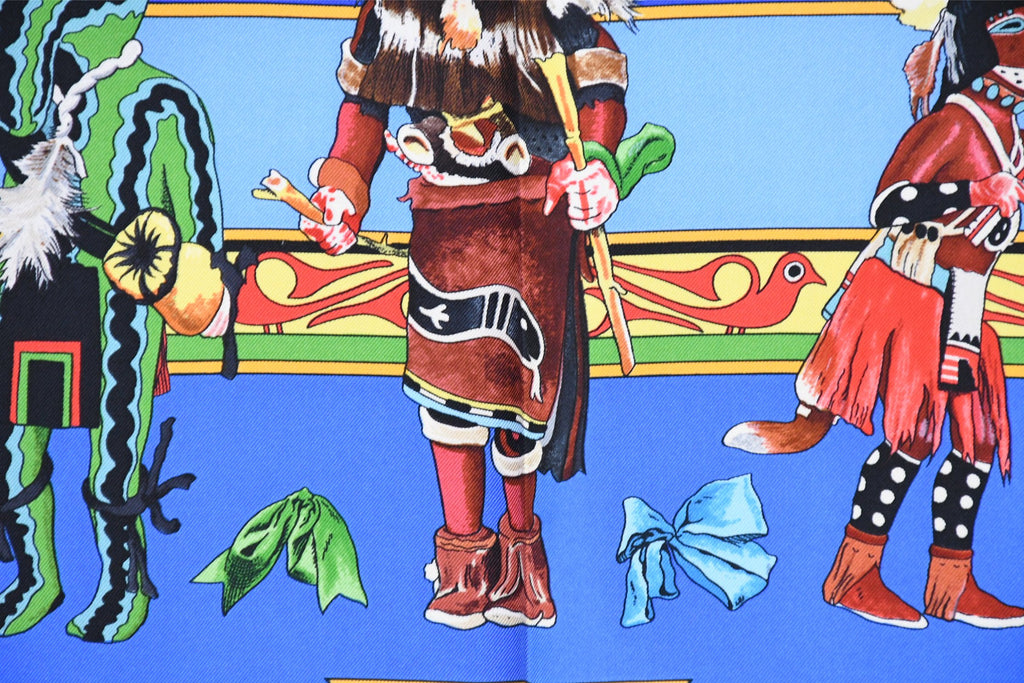 Hermes Scarf Kachina by Kermit Oliver 90 cm silk native blue Carre vintage 35" 045