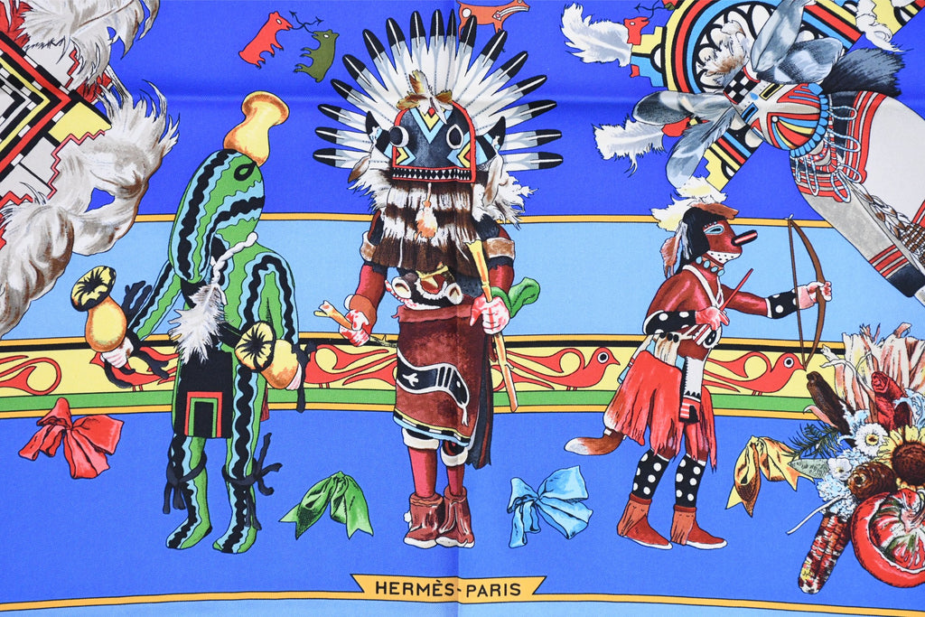 Hermes Scarf Kachina by Kermit Oliver 90 cm silk native blue Carre vintage 35" 045