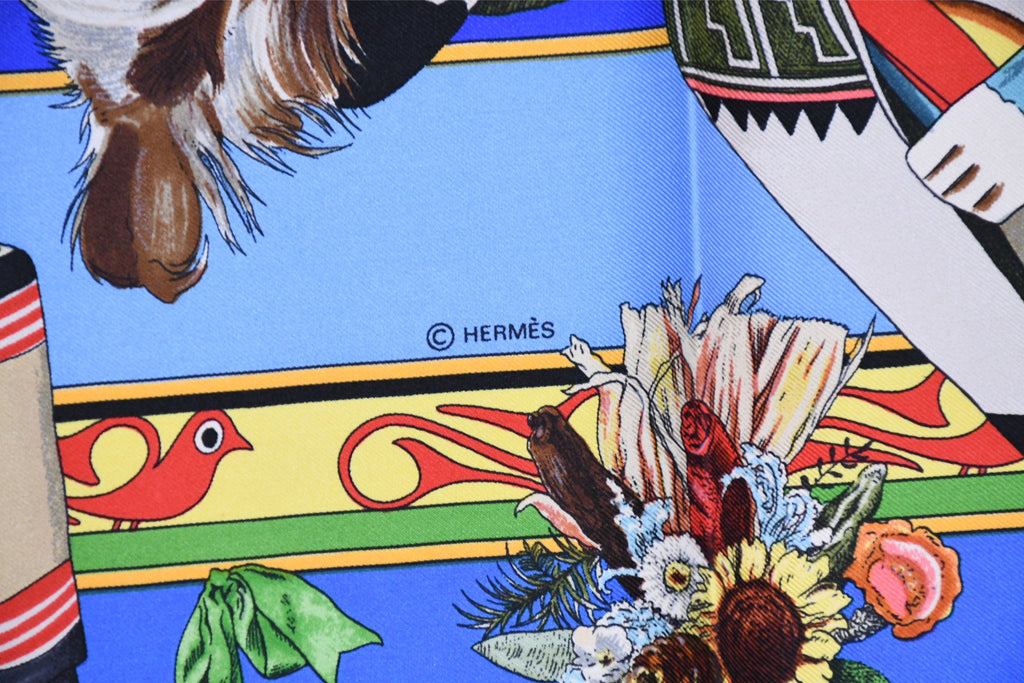Hermes Scarf Kachina by Kermit Oliver 90 cm silk native blue Carre vintage 35" 045