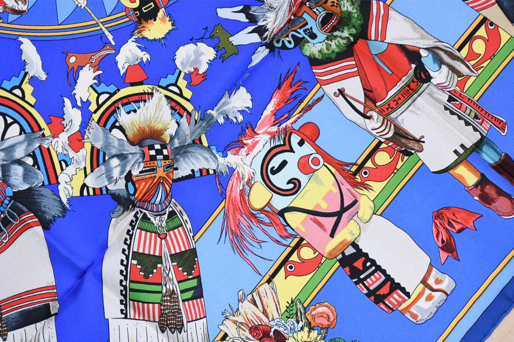 Hermes Scarf Kachina by Kermit Oliver 90 cm silk native blue Carre vintage 35" 045