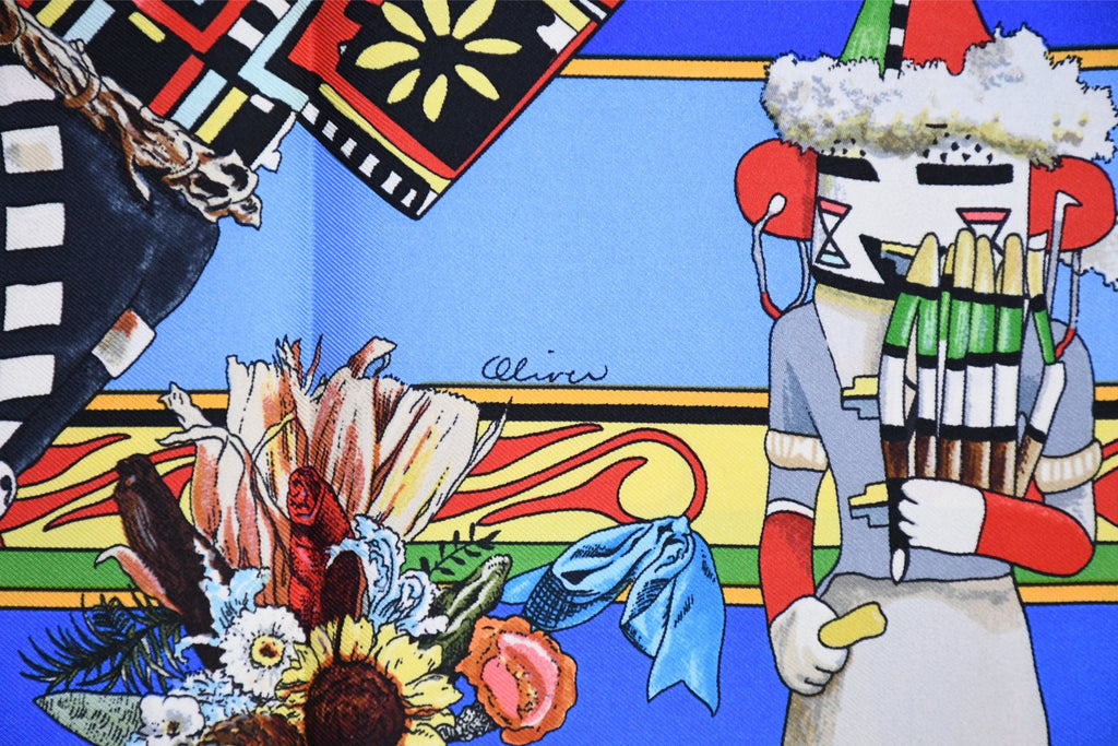 Hermes Scarf Kachina by Kermit Oliver 90 cm silk native blue Carre vintage 35" 045