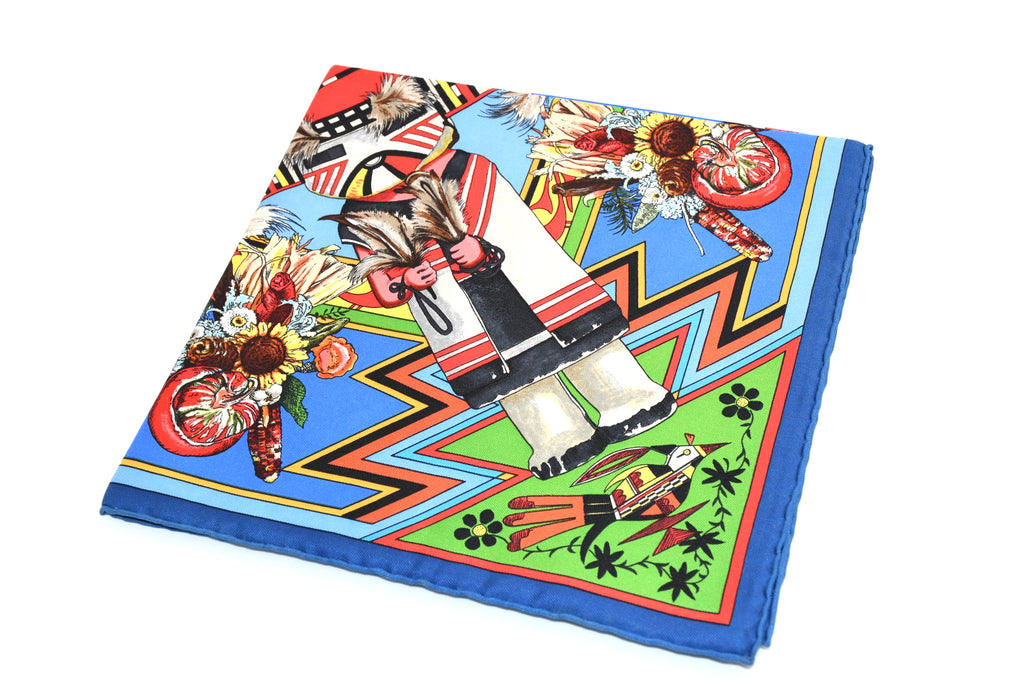 Hermes Scarf Kachina by Kermit Oliver 90 cm silk native blue Carre vintage 35" 045