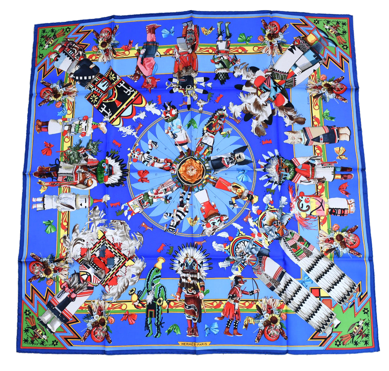 Hermes Scarf Kachina by Kermit Oliver 90 cm silk native blue Carre vintage 35" 045