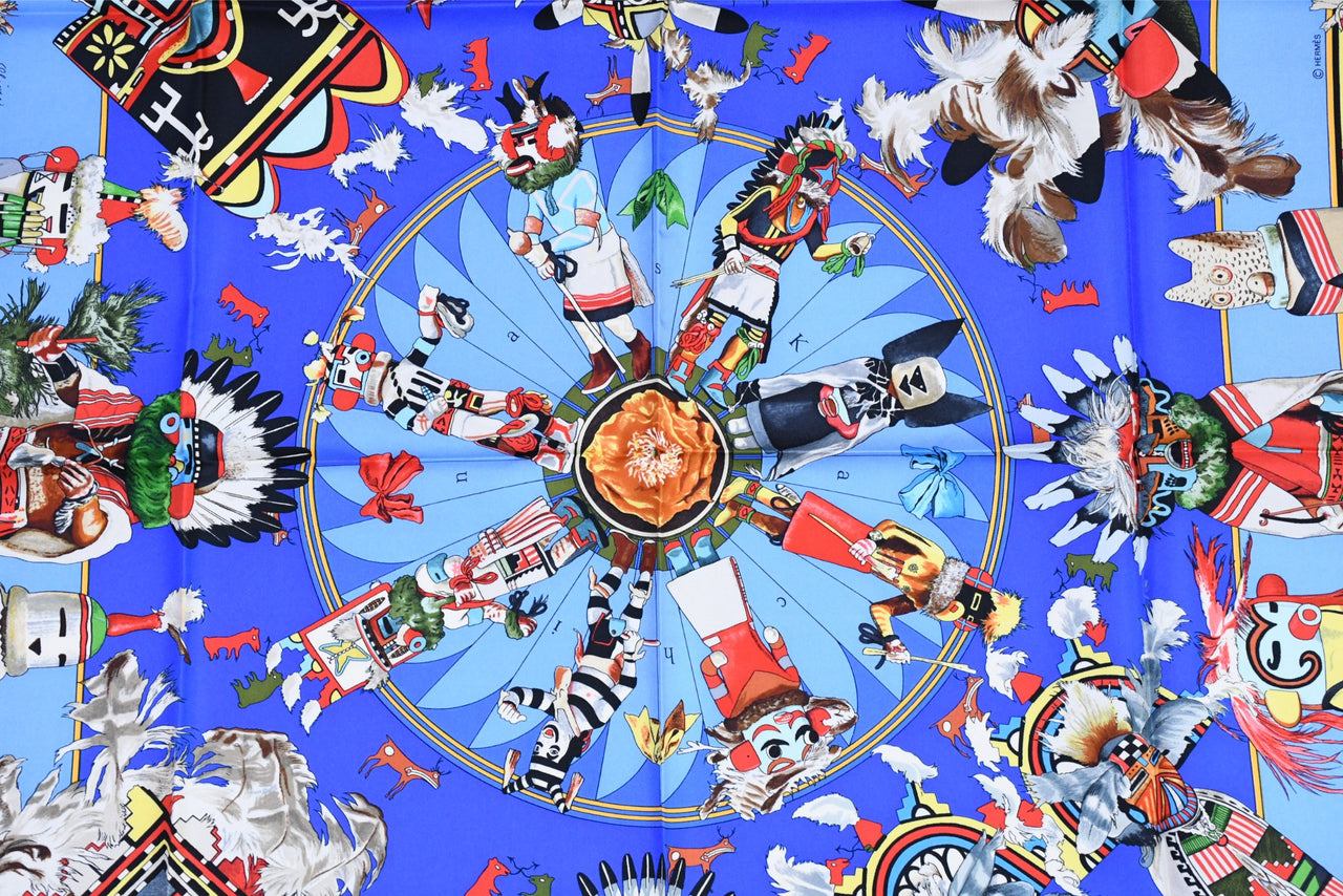 Hermes Scarf Kachina by Kermit Oliver 90 cm silk native blue Carre vintage 35" 045