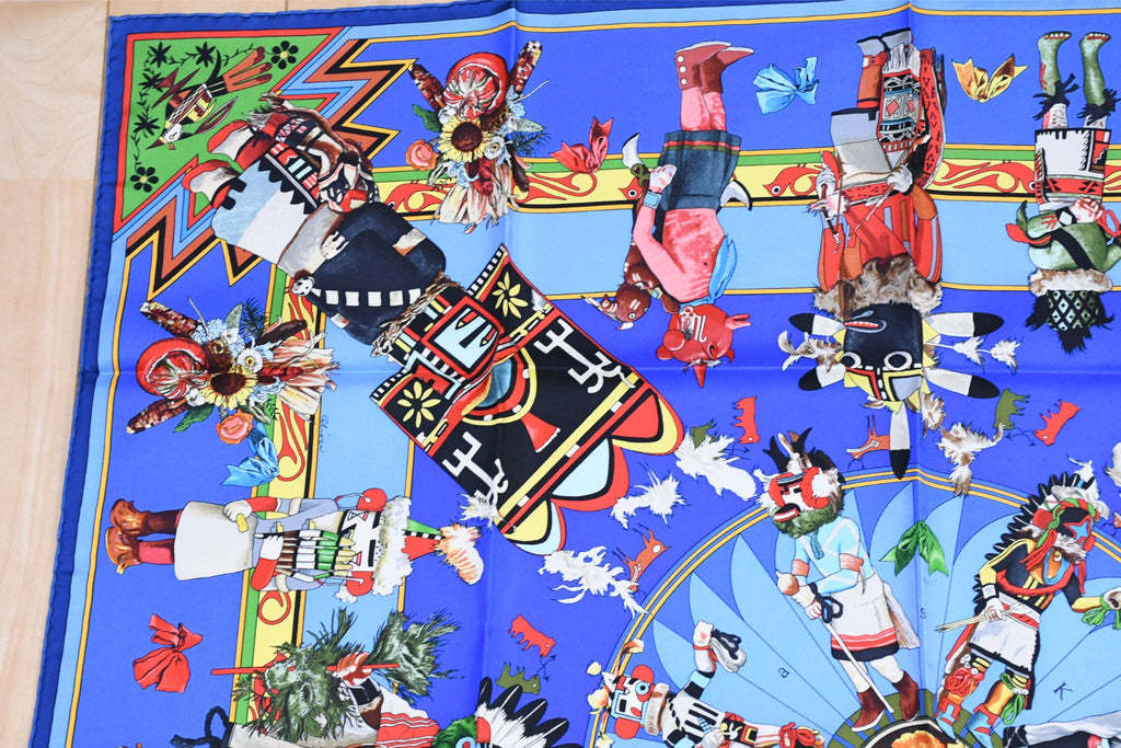 Hermes Scarf Kachina by Kermit Oliver 90 cm silk native blue Carre vintage 35" 045